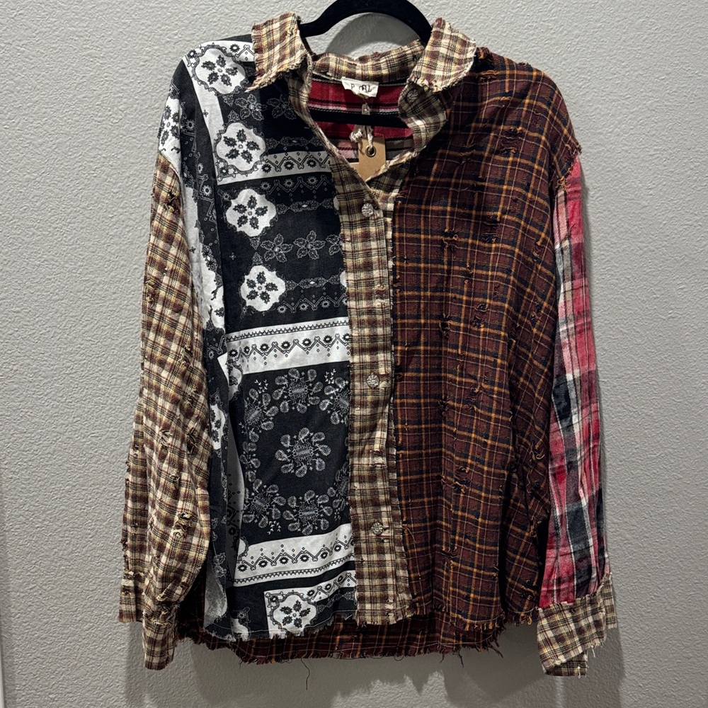 πΈβ¨ NWT POL Patchwork Plaid & Floral Button-Up Shirt β SZ S π - Picture 1 of 5